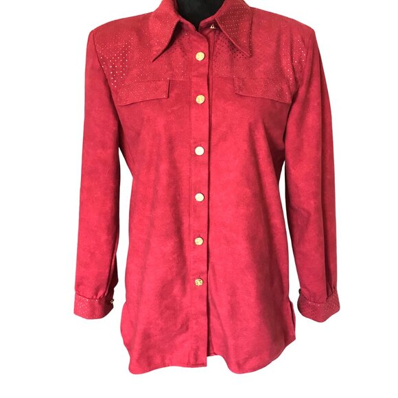 Jordana Metallic Dot Tunic: Vintage 70s Blouse, Red w/Gold Dots, Size Small 6-8 - Picture 7 of 9